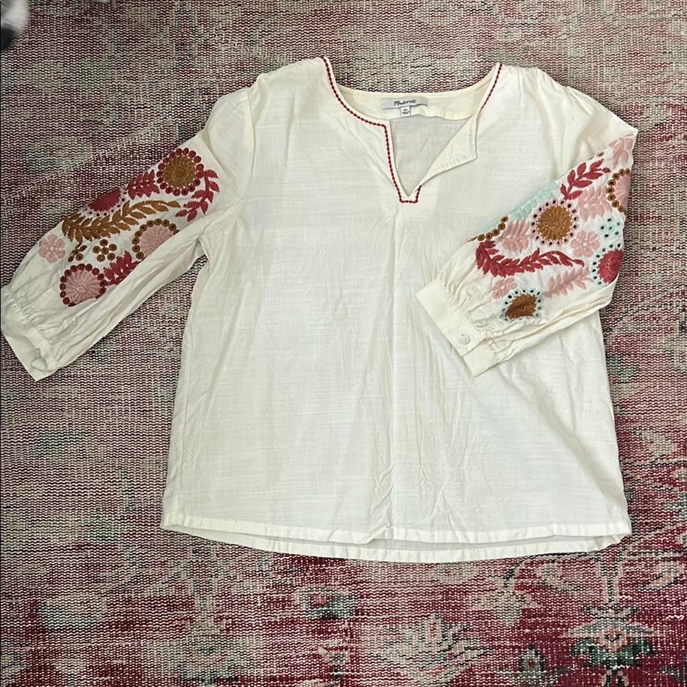 Madewell Cream Blouse with Red Stitching